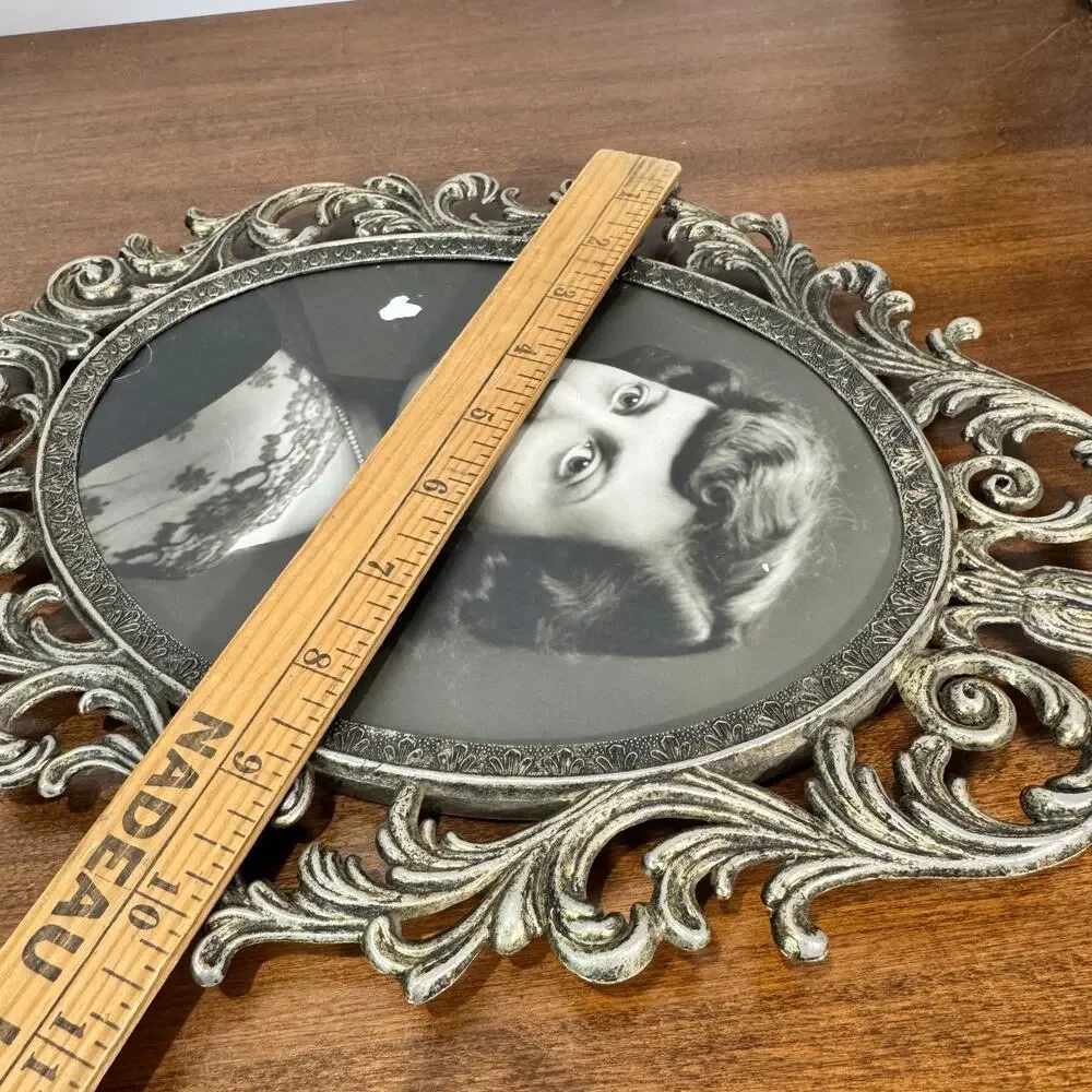 Vintage Art Nouveau Metal Picture Frame Floral Woman 7x9 inch B&W Photo
